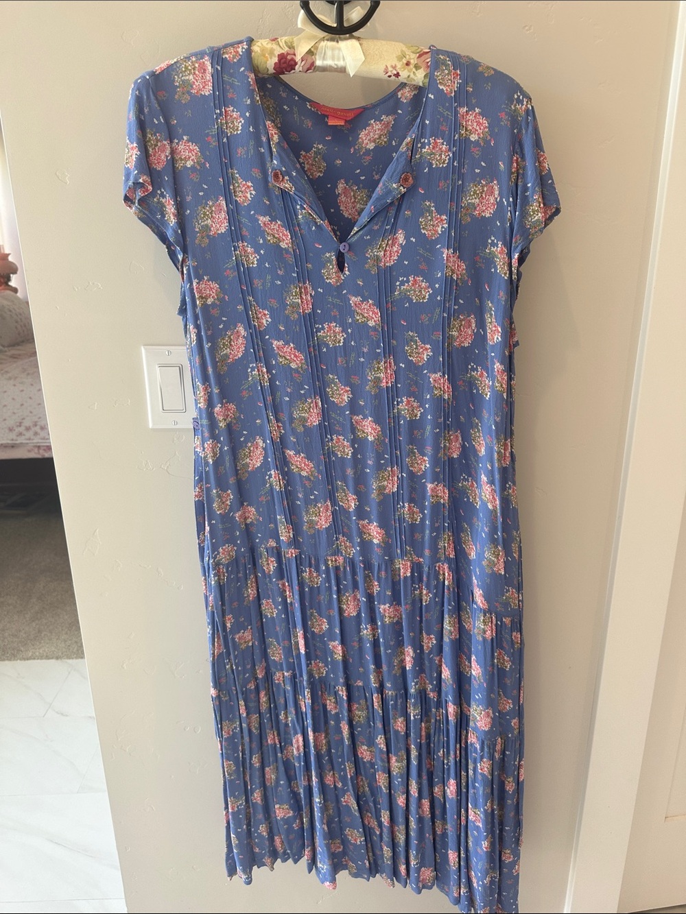 April Cornell Blue Midi Dress with Pink Floral Pattern